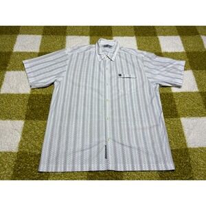 Quiksilver Mens Large White Grey Blue Geometric Stripe Short Sleeve Button Up